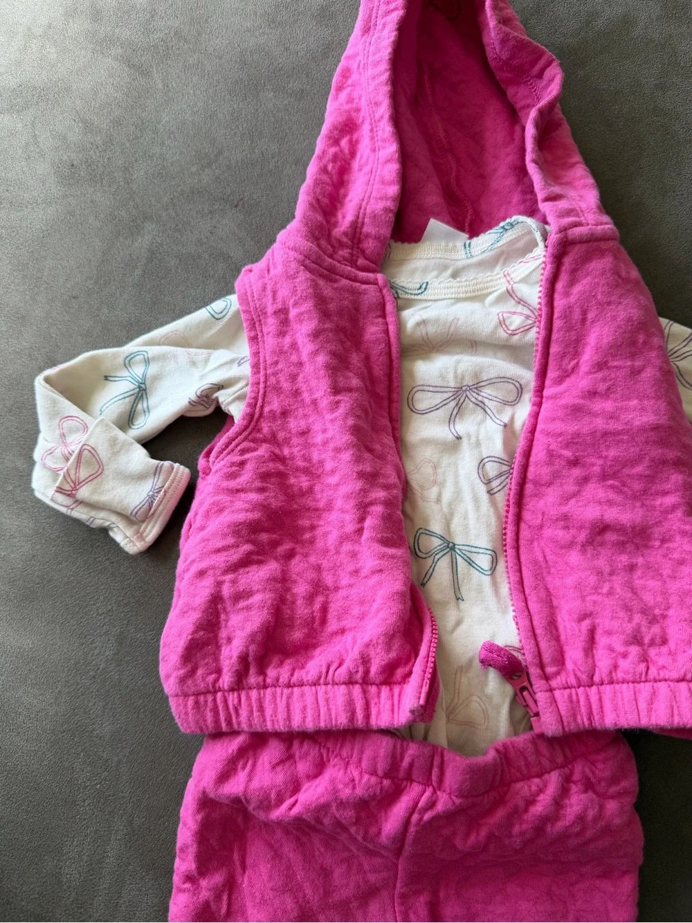 Carters Hot Pink Hooded Vest and Pants Set with Bow Print Top